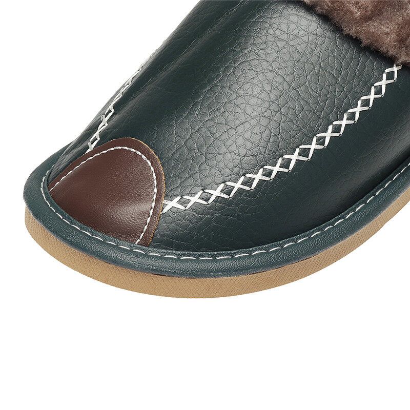 Men Spring Winter Home Slippers Leather Indoor Close Toe Warm House Flats Shoes Comfy（ + Best Discount） Navy Blue