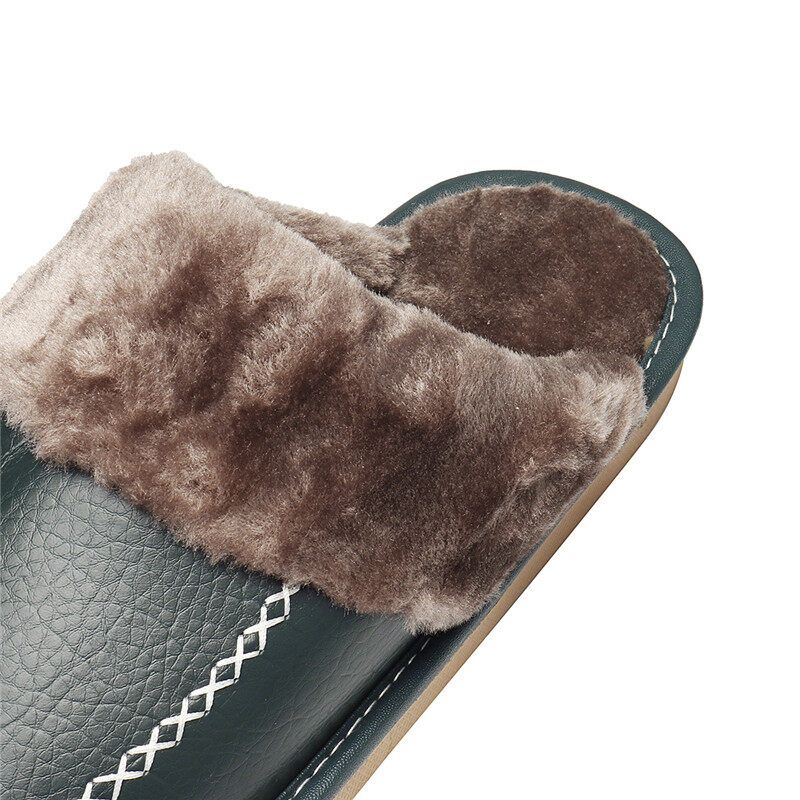 Men Spring Winter Home Slippers Leather Indoor Close Toe Warm House Flats Shoes Comfy（ + Best Discount） Navy Blue