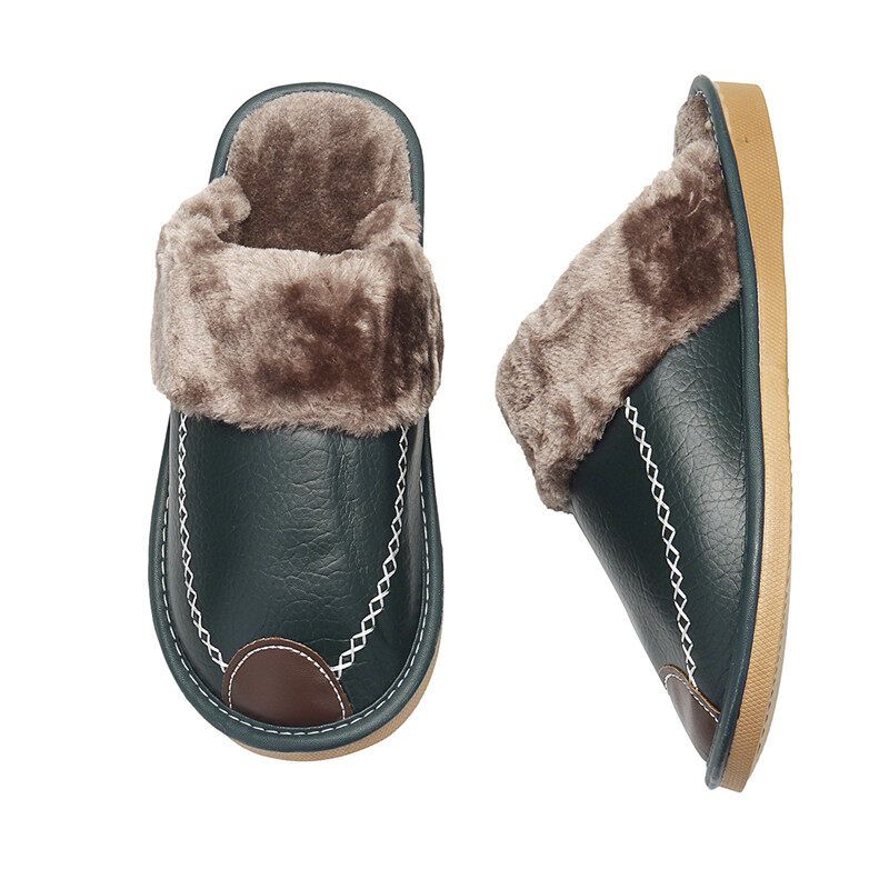 Men Spring Winter Home Slippers Leather Indoor Close Toe Warm House Flats Shoes Comfy（ + Best Discount） Navy Blue