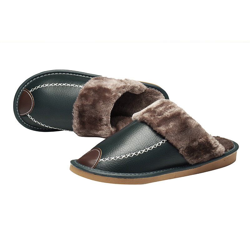 Men Spring Winter Home Slippers Leather Indoor Close Toe Warm House Flats Shoes Comfy（ + Best Discount） Navy Blue
