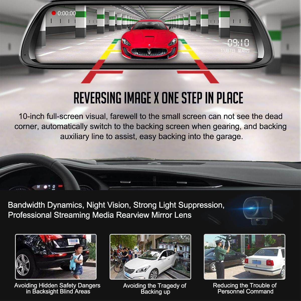 10'' HD 1080P Car DVR Stream Media Mirror DUAL LENS DashCam Rear Video Recorder