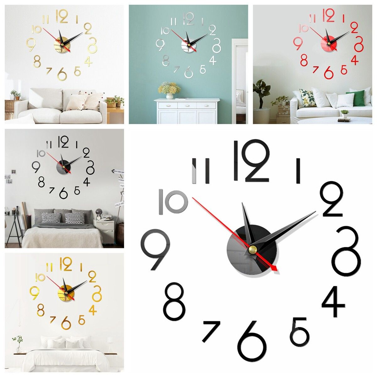 DIY Wall Clock 3D Surface Mirror Numerals Room Office Sticker Home Modern Black