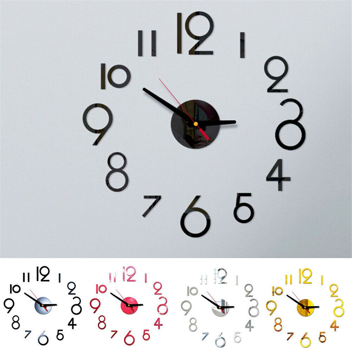 DIY Wall Clock 3D Surface Mirror Numerals Room Office Sticker Home Modern Black