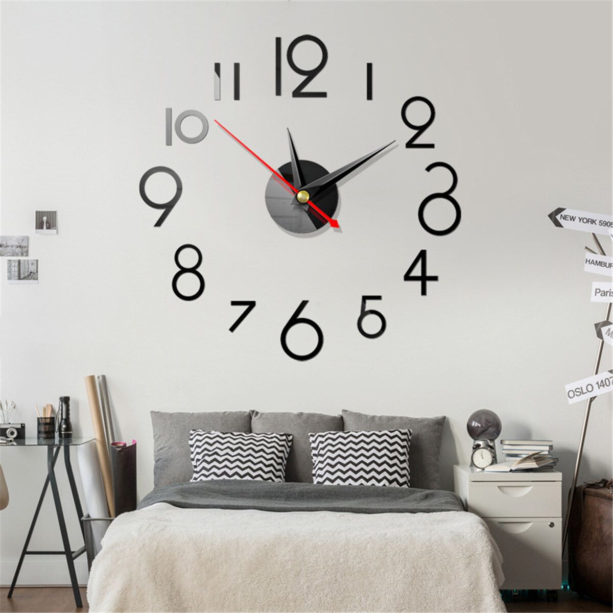 DIY Wall Clock 3D Surface Mirror Numerals Room Office Sticker Home Modern Black