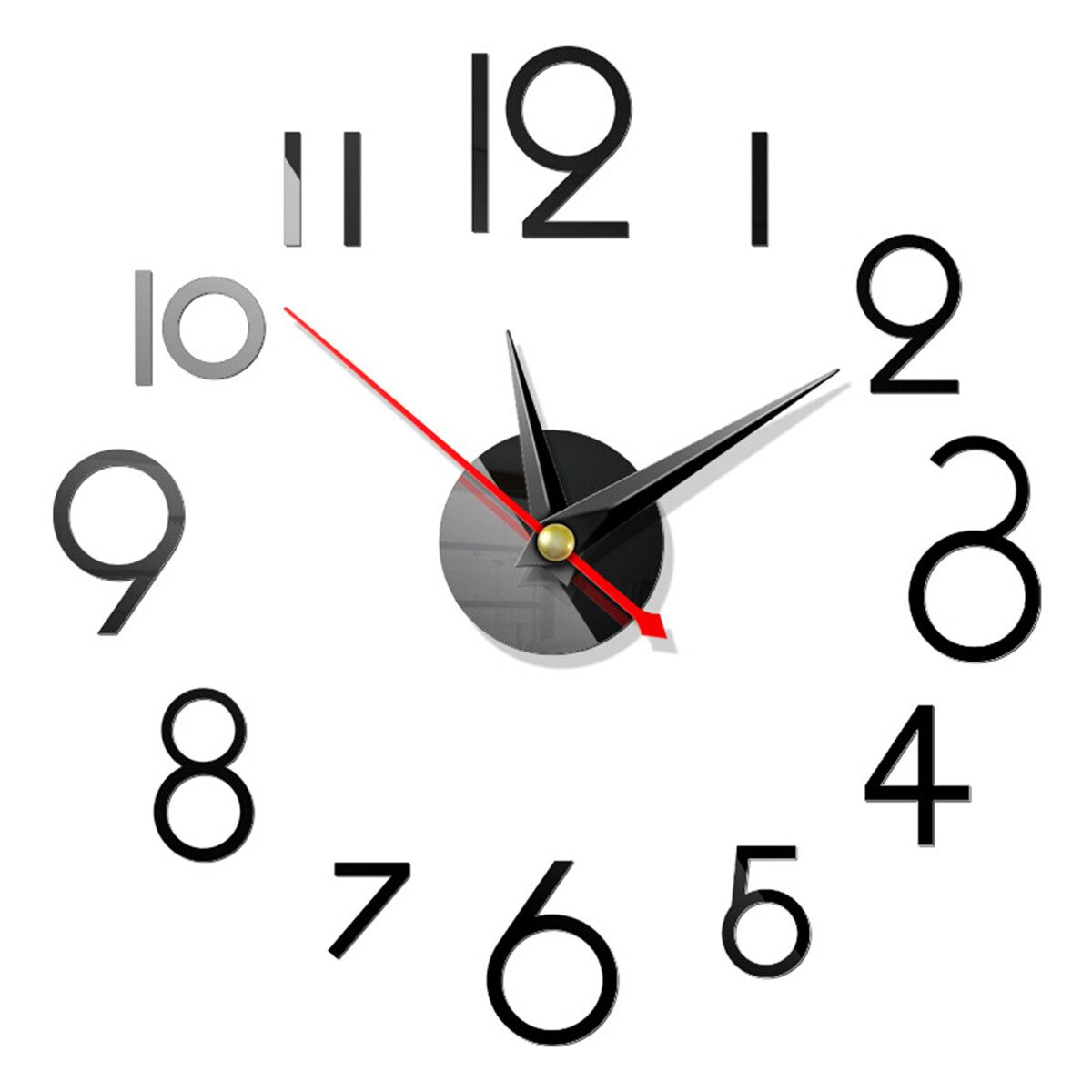 DIY Wall Clock 3D Surface Mirror Numerals Room Office Sticker Home Modern Black