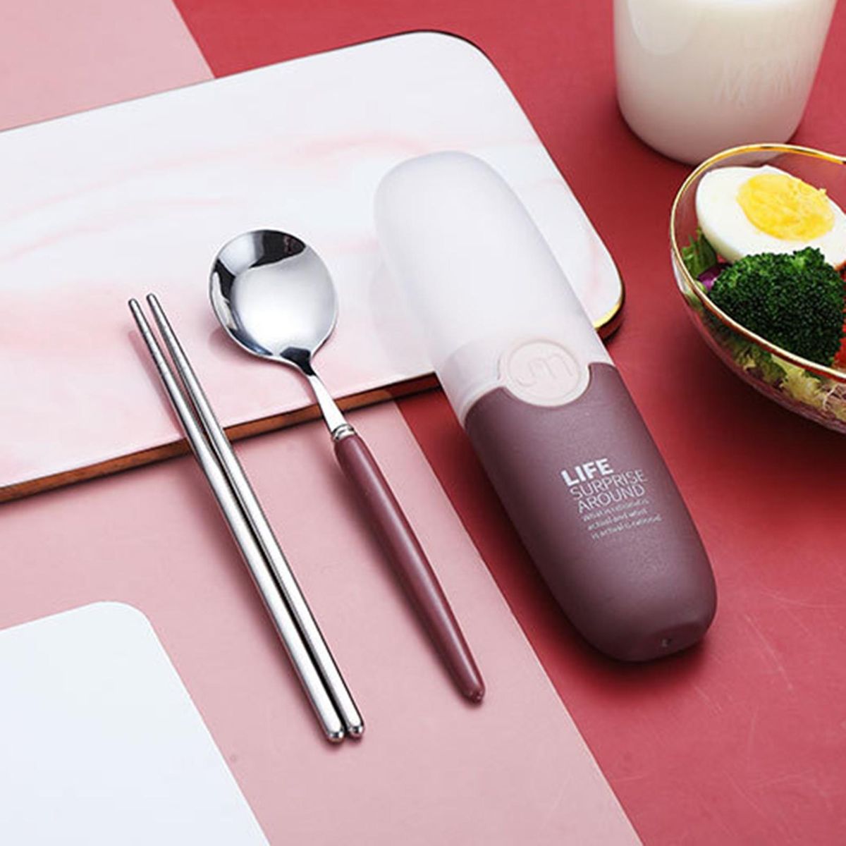 1 Set Travel Cutlery Set Students Kids Travel Spoon Kit Brown