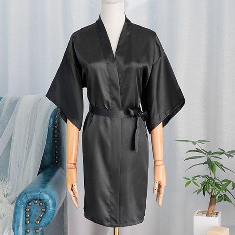 (black)Silk Robe For Women Wedding Bride Bridesmaid Kimono Satin Shower Bathrobe Sleepwear Night We