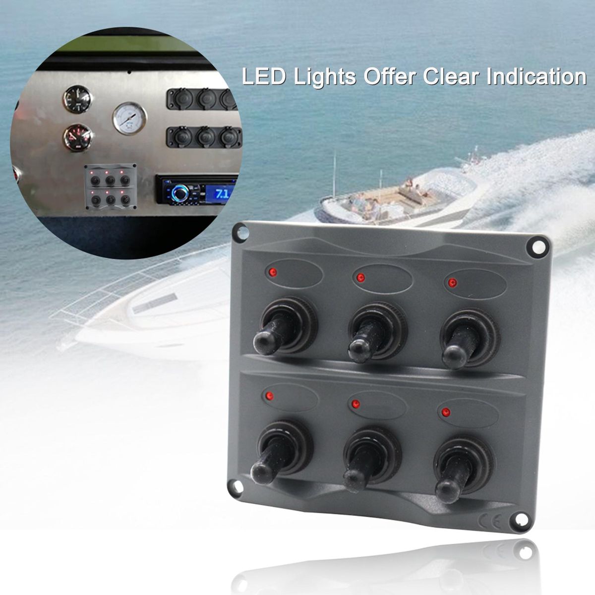 Waterproof 6 Gang Toggle Switch Panel (Dark Gray) LED Indication with 28PCS Assorted Label Stickers