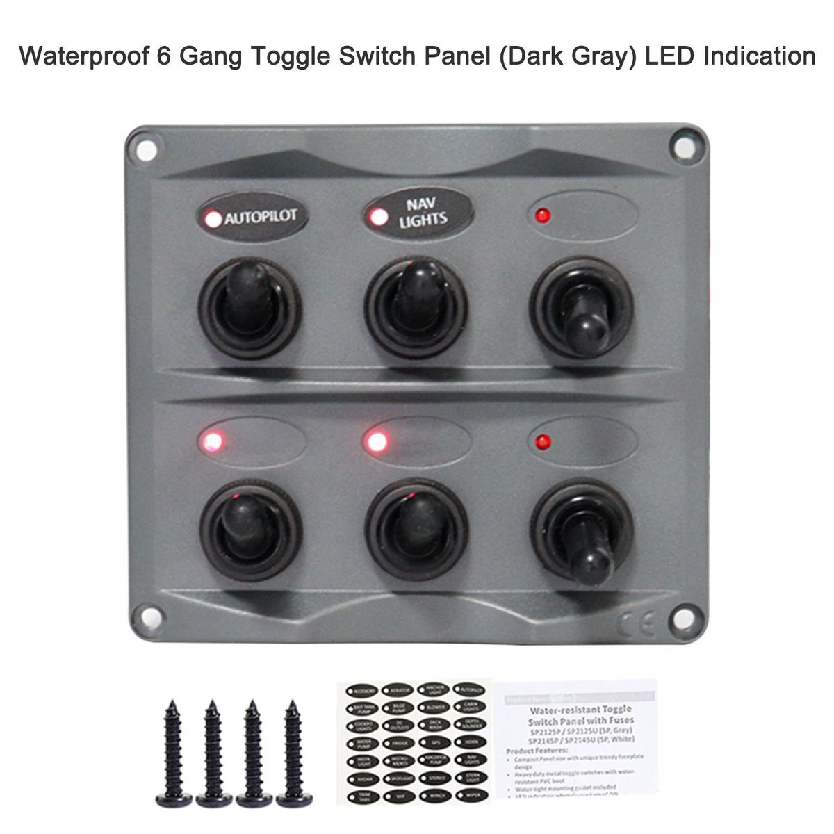 Waterproof 6 Gang Toggle Switch Panel (Dark Gray) LED Indication with 28PCS Assorted Label Stickers