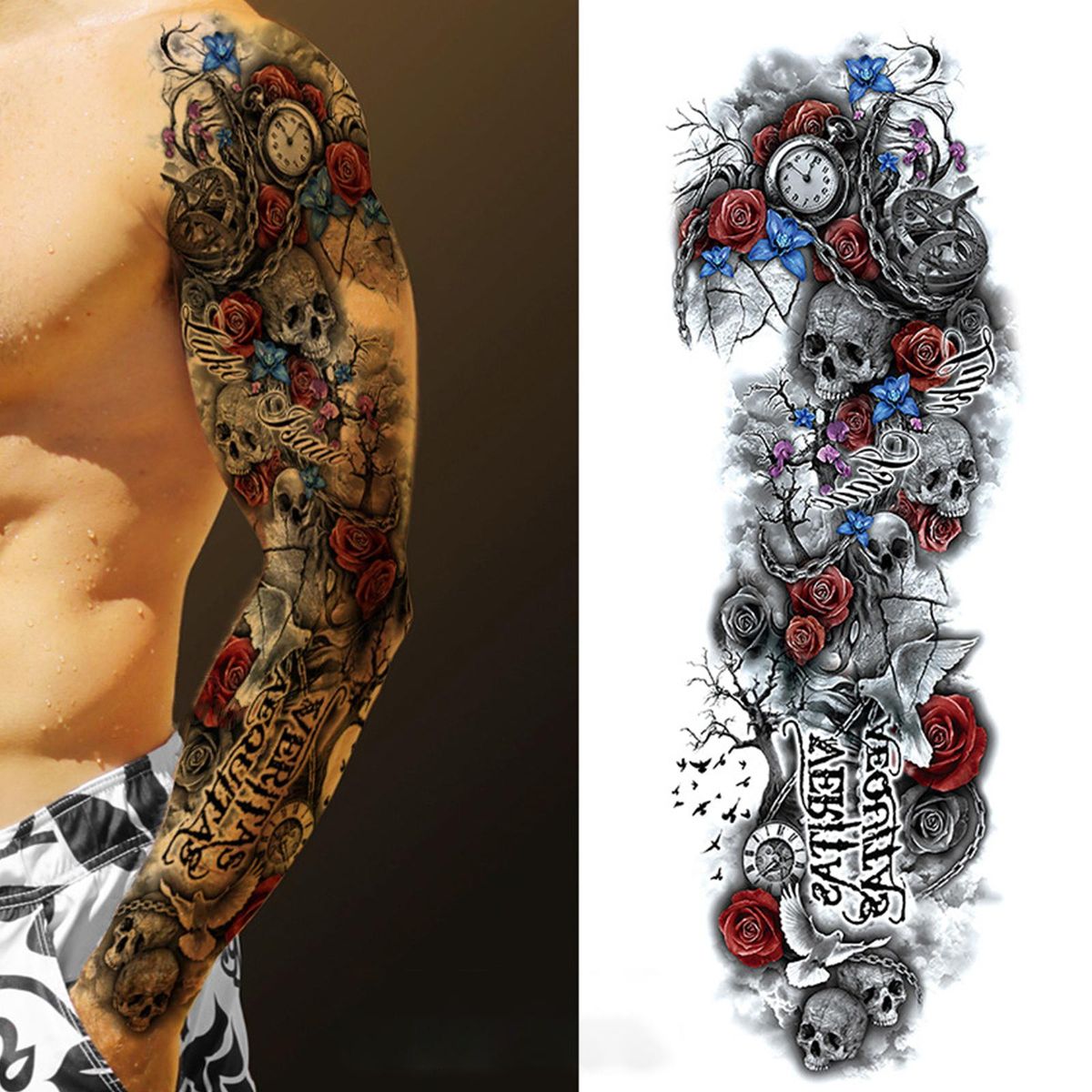 1 Sheet Full Arm Temporary Fake Tattoos Sticker Large Arm Sleeve Tattoo Waterproof Tattoos Large Vine Peony Flower Rose Tattoo Stickers for Men and Women