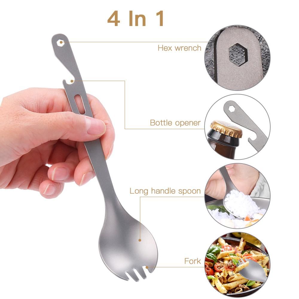 TOMSHOO 4-in-1 Titanium Spork with Spoon Fork Spoon Wrench Bottle Opener Portable Outdoor Cutlery Tableware for Camping Hiking Backpacking Picnics