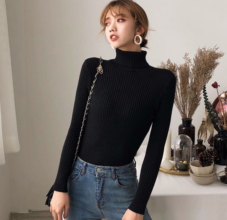 Women Autumn Sweaters Slim Soft Long Sleeve Turtleneck Knit  Pullover Tops Ladies Sexy Stretch Fashion Wild Sweater(#KA1429H)