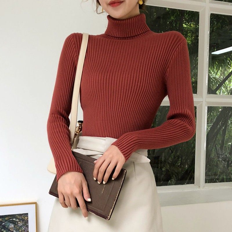 Women Autumn Sweaters Slim Soft Long Sleeve Turtleneck Knit  Pullover Tops Ladies Sexy Stretch Fashion Wild Sweater(#KA1429H)