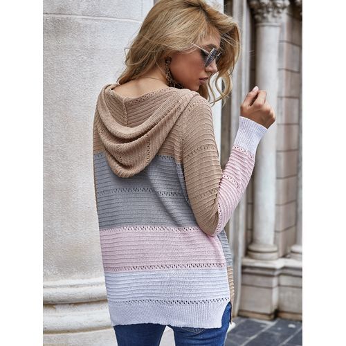 Women Long Sleeve Contrasting Color Loose Hollow Knit Hooded Sweater-Pink