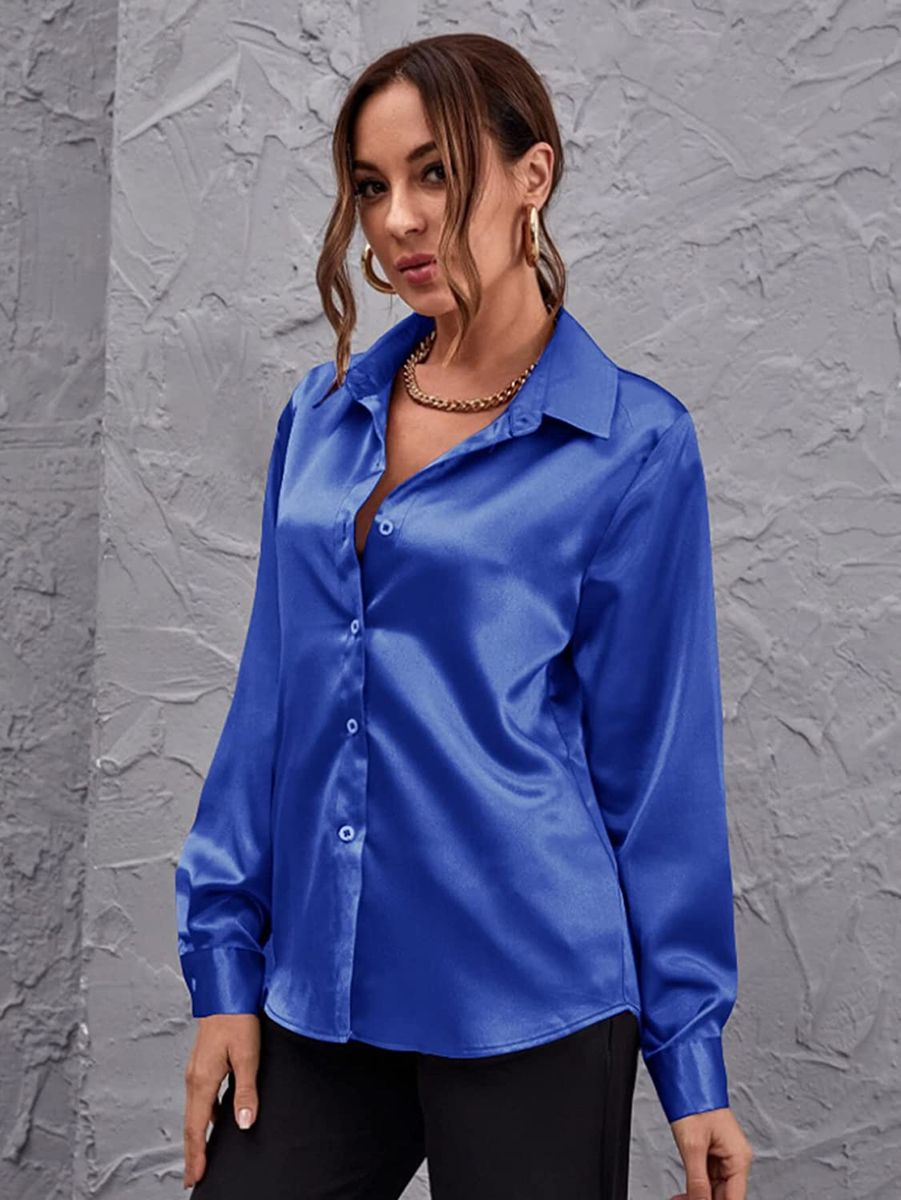 Royal Blue Button Down Satin Silk Shirt Long Sleeve Ladies Women Top Blouse