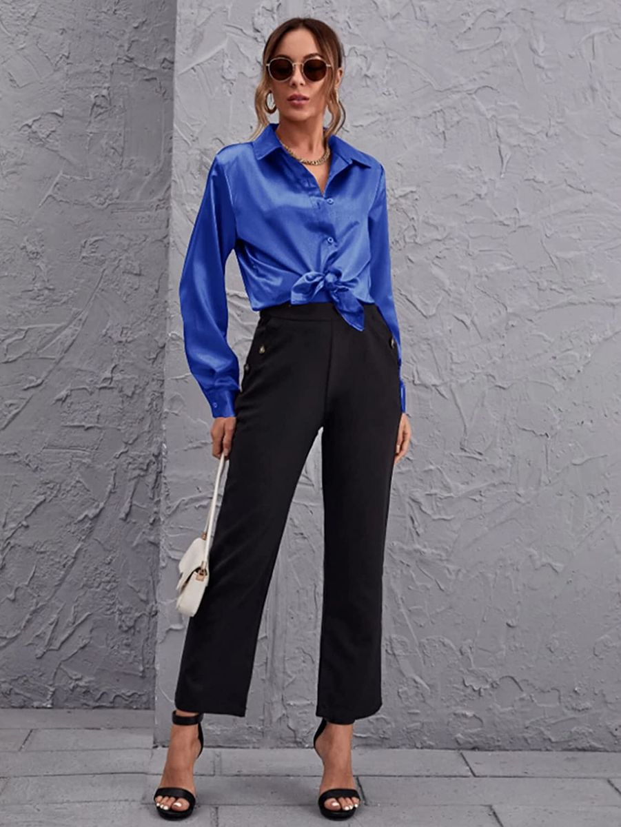Royal Blue Button Down Satin Silk Shirt Long Sleeve Ladies Women Top Blouse
