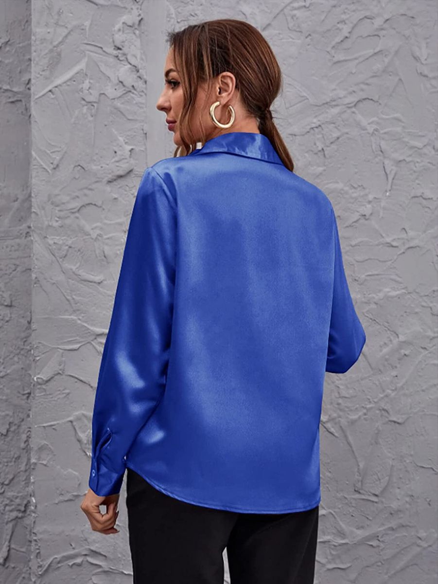 Royal Blue Button Down Satin Silk Shirt Long Sleeve Ladies Women Top Blouse