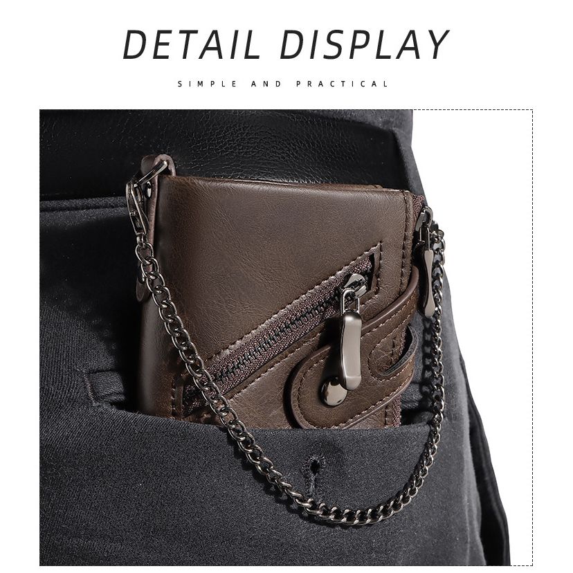 Men's Coin Wallet Keychain Zipper Wallet With Chain-Coffee