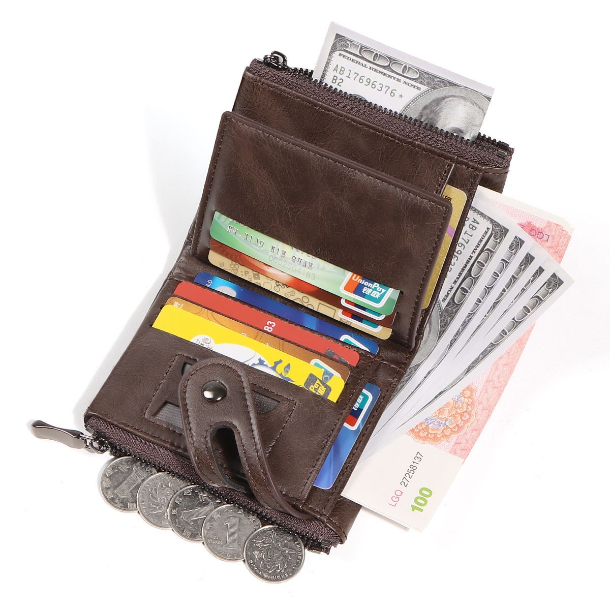 Men's Coin Wallet Keychain Zipper Wallet With Chain-Coffee