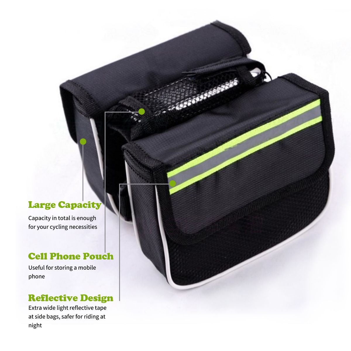 Bicycle Frame Bag With Cell Phone Pouch Reflective Strip