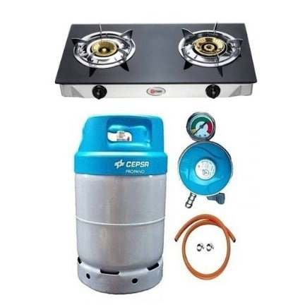 12.5kg Light Weight Gas Cylinder + Glass Top Double Burner, Metered Regulator, Hose, Clip