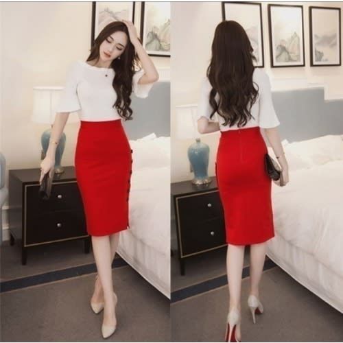 Lovely Button Down Pencil Skirt 2in1 Red And Black