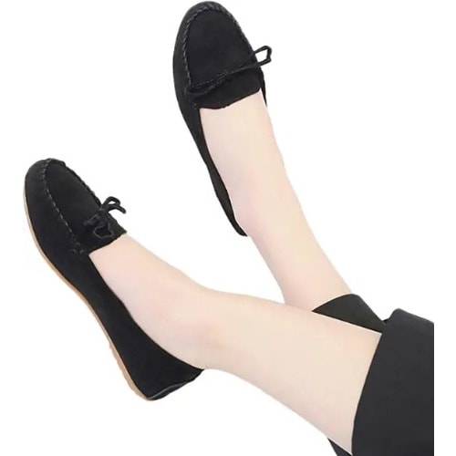 Round Tip Bow Embellished Suede Shoes