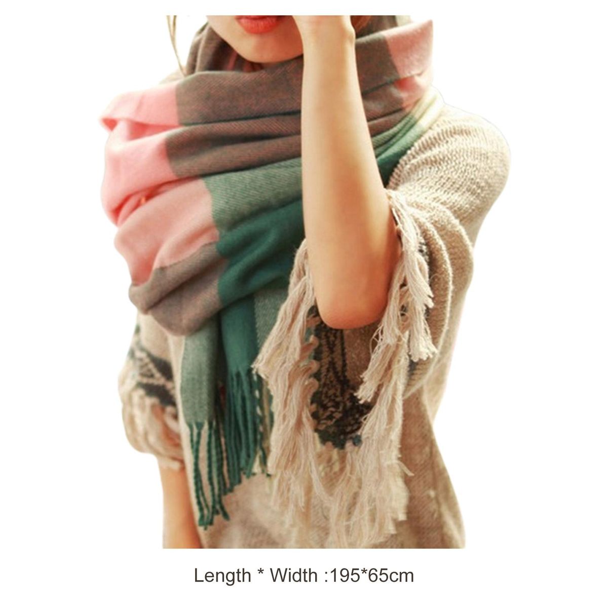 Women Scarf Cozy Chic Plaid Print Scarf Stylish Winter Shawl Dark Green