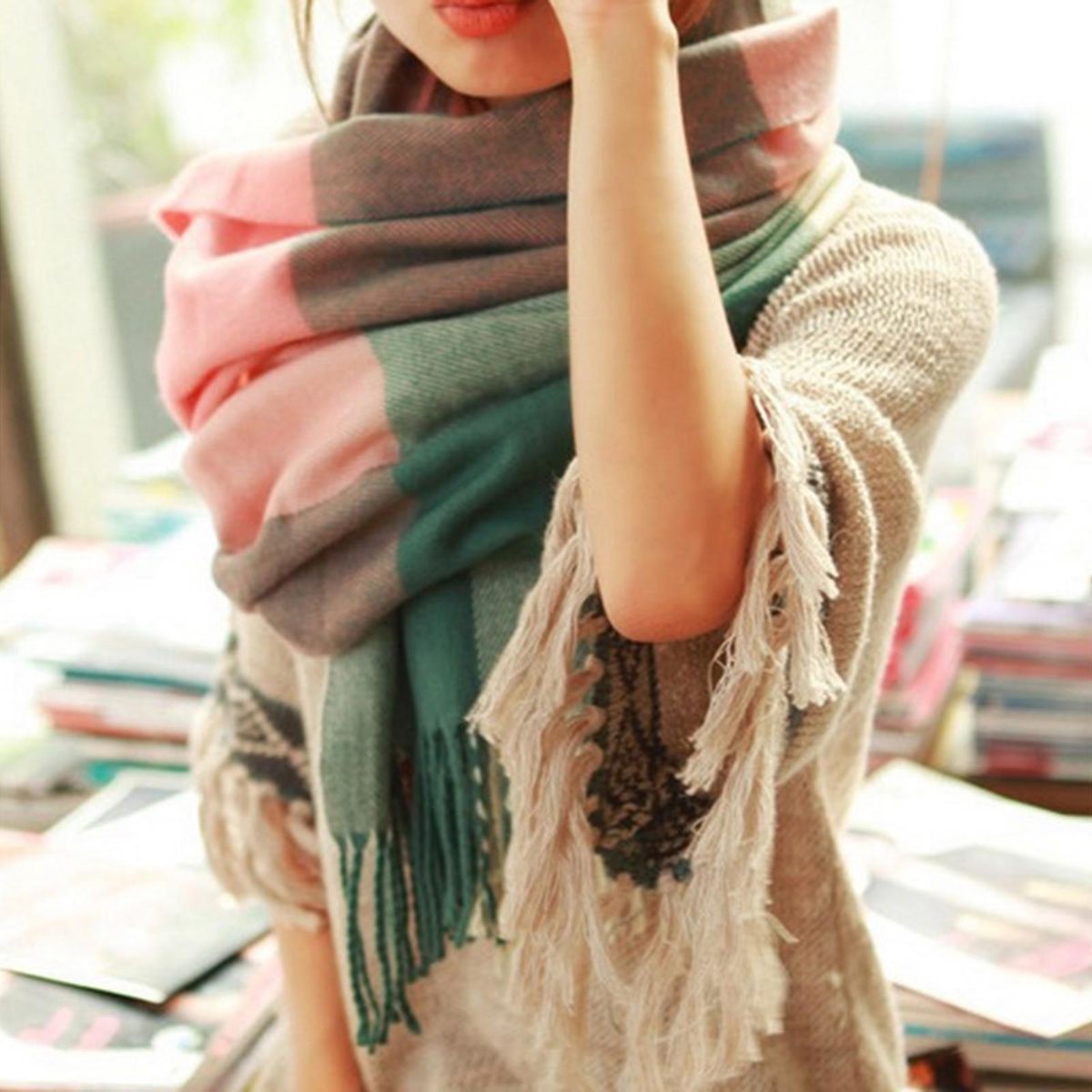 Women Scarf Cozy Chic Plaid Print Scarf Stylish Winter Shawl Dark Green