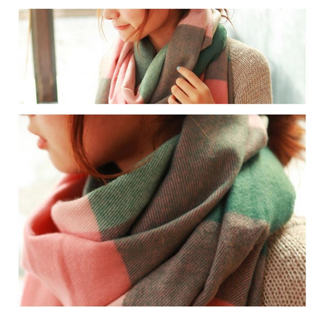 Women Scarf Cozy Chic Plaid Print Scarf Stylish Winter Shawl Dark Green