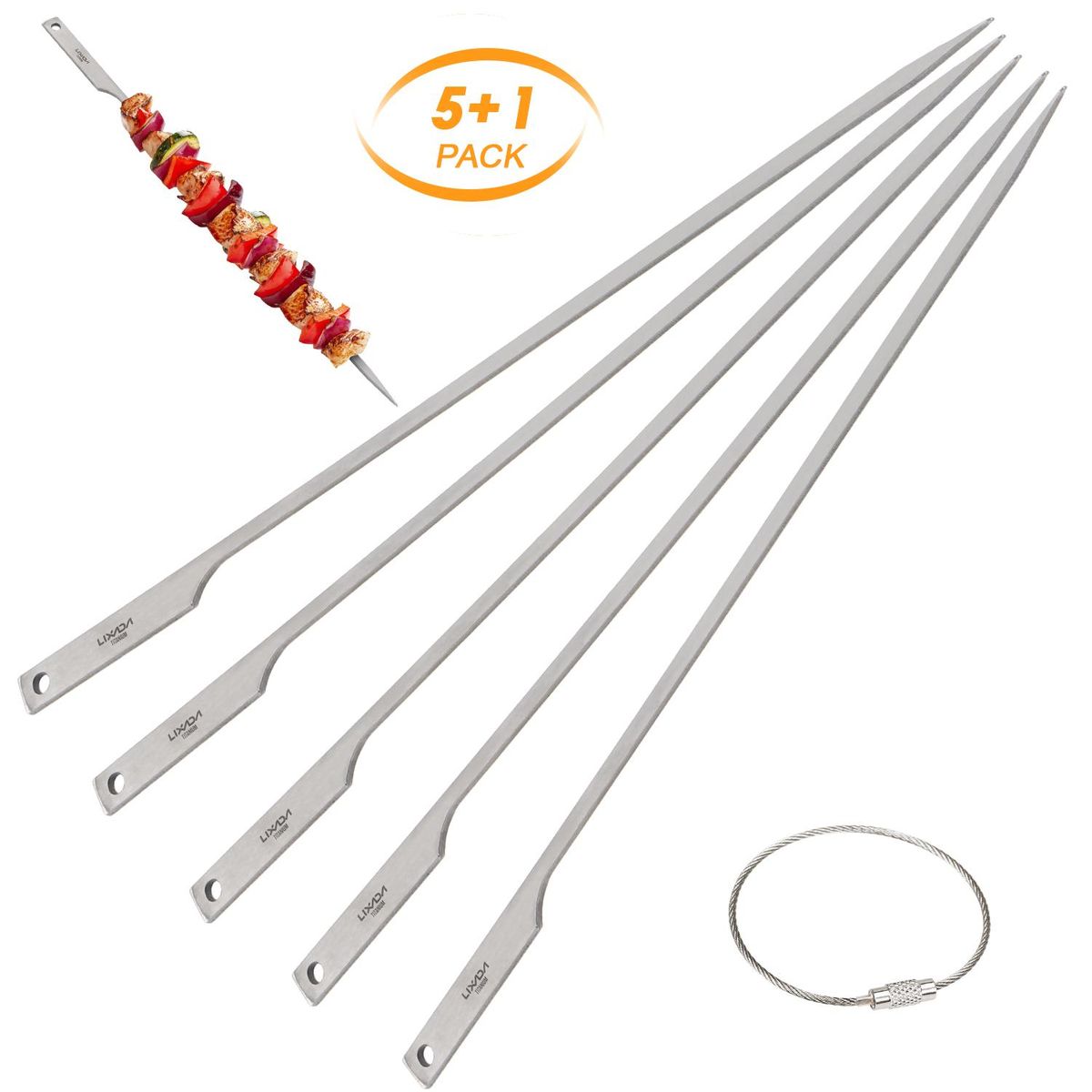 Lixada 5pcs 10 Inch Flat Titanium Barbecue Skewers Outdoor Backyard Picnic BBQ Grilling Kabob Skewers BBQ Sticks with Wire Ring