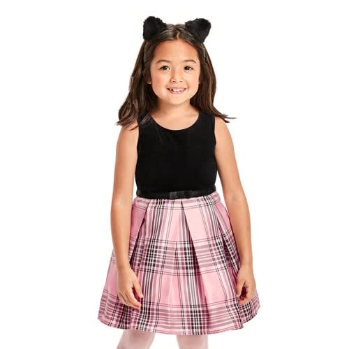 Girl's Metallic Plaid Pleated Short Dress - Plum