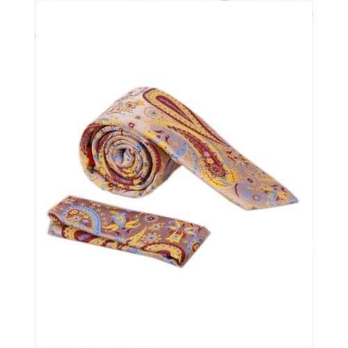 Big Paisley Men Tie And Pocket Square-  Gold And Yellow