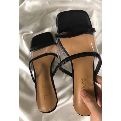 Ladies Transparent Leather With Crystals Heels Slippers - Black