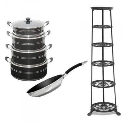 4 Piece Non Stick Pot Set + Frying Pan + Pot Stand Bundle