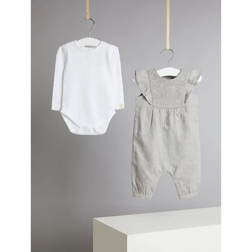 Toddler Girl Embroidered Dungarees And Bodysuit Outfit