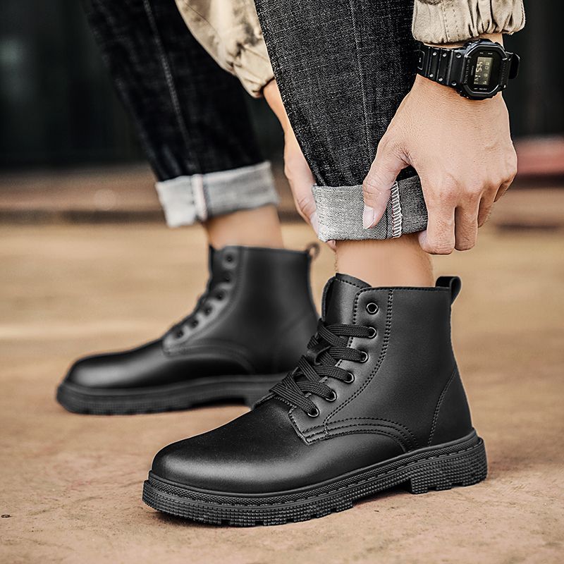 Winter Men Boots Waterproof Leather Shoes EUR Size 39-46 High Top Fashion Chukka Boots High Quality Motorcycle Ankle Boots Outdoor Work Casual Shoes Lace Up Non-slip Trend Western Boots Black