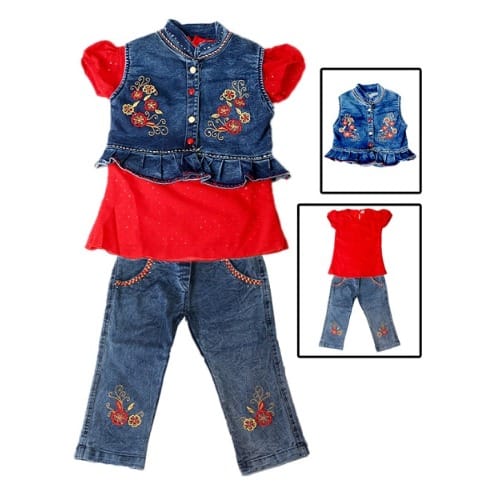 Girl's Jean Jacket On Red Top With 3 Quarter Trouser Set