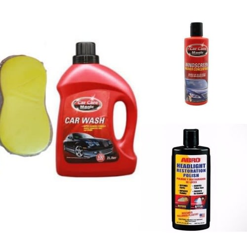 Car Wash Liquid 2L + Windscreen Washer + Headlight Restoration Polish & Sponge
