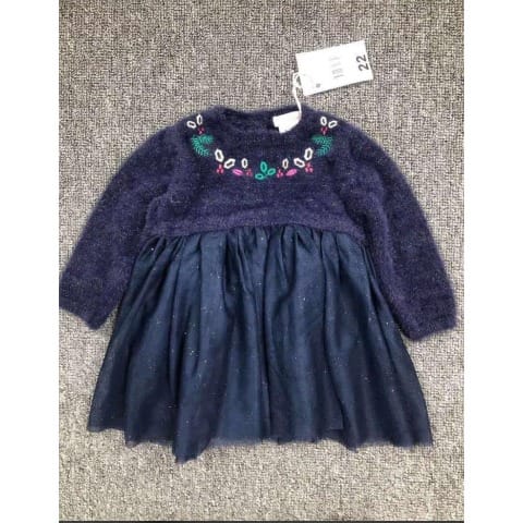 Girls Embroidery Stretchy Fur Short Tutu Dress - Navy Blue