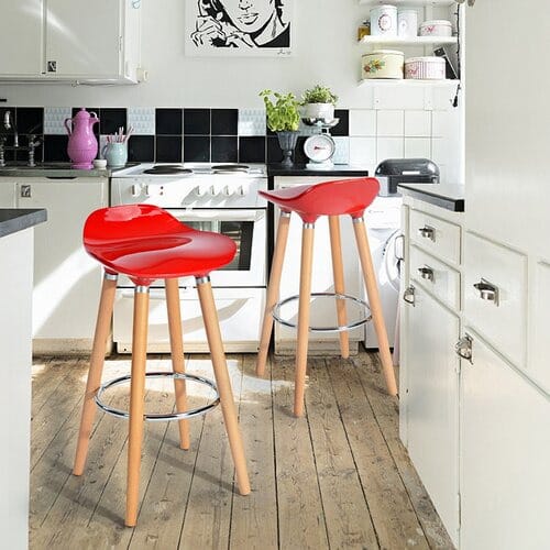Glossy Abs Plastic Bar Stools With Wood Legs - Set Of 2 - Red