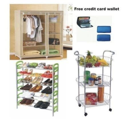 Movable Wardrobe + 6 Layer Shoe Rack + Oval Storage Cart