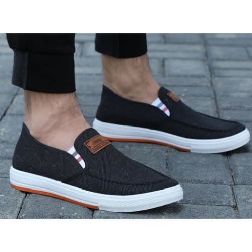 Side Band Jean Fabric Slip-on Sneakers- Black
