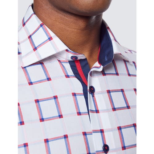 Low Collar Check Slim Fit Shirt - White & Red