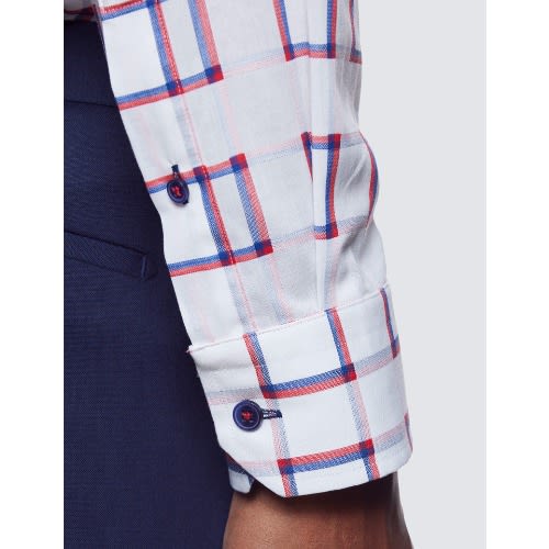 Low Collar Check Slim Fit Shirt - White & Red