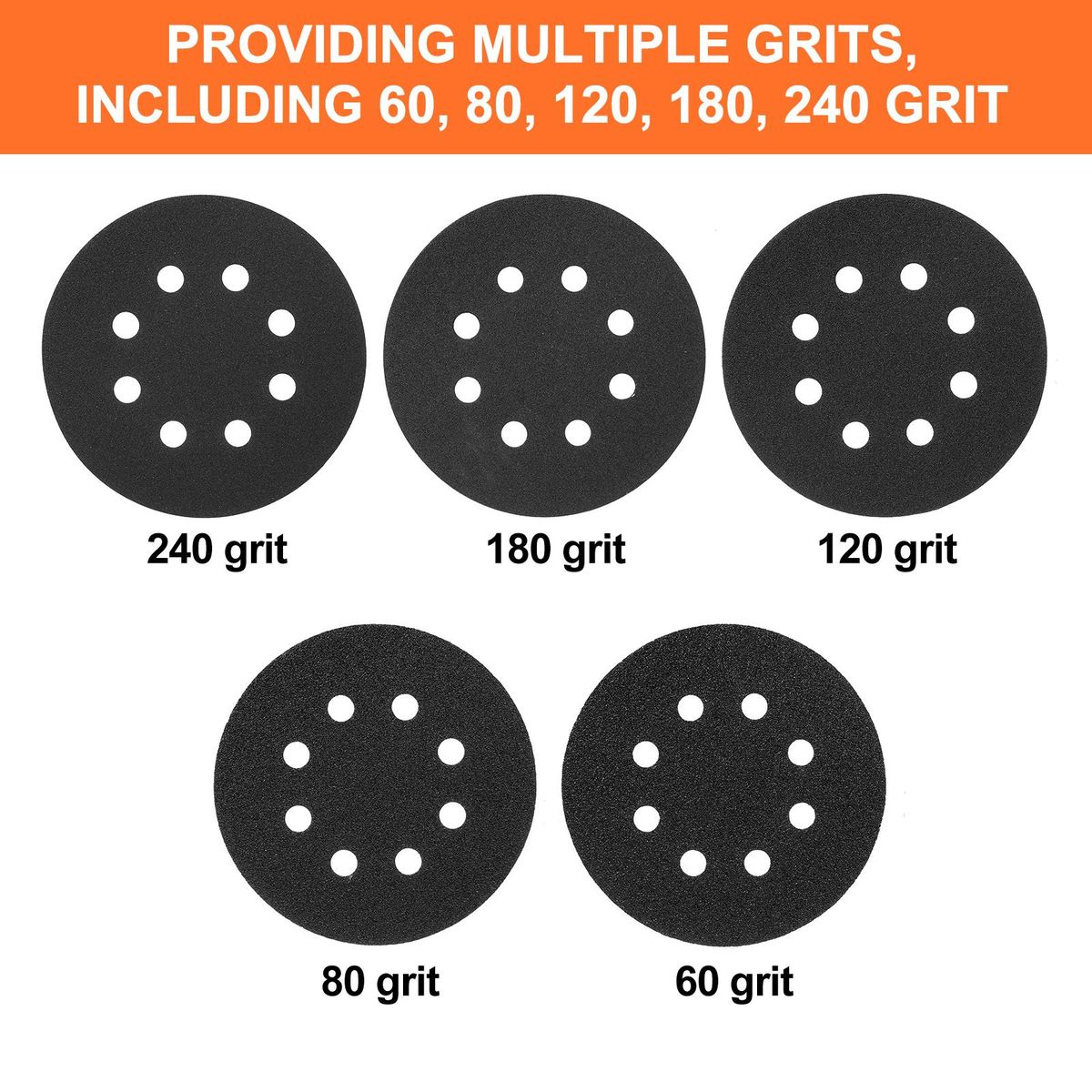 50Pcs Sanding Discs 5-inch 125mm 8-Hole 240/180/120/80/60 Sandpaper for Random Track Sanding Machines Made of Silicon Carbide Material Black Water-Based Sandpaper