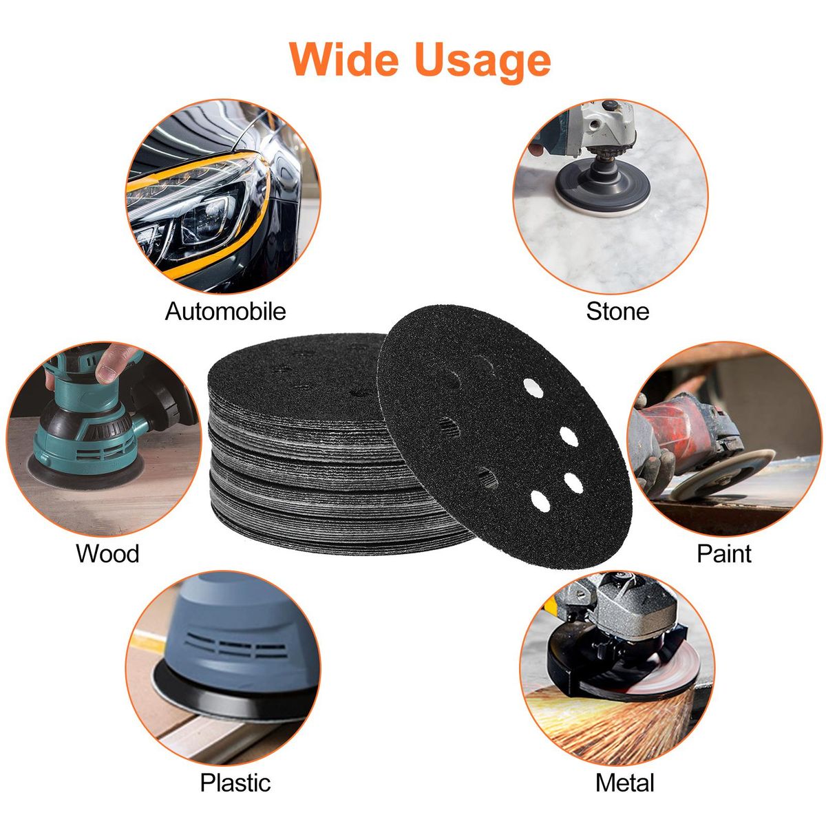 50Pcs Sanding Discs 5-inch 125mm 8-Hole 240/180/120/80/60 Sandpaper for Random Track Sanding Machines Made of Silicon Carbide Material Black Water-Based Sandpaper