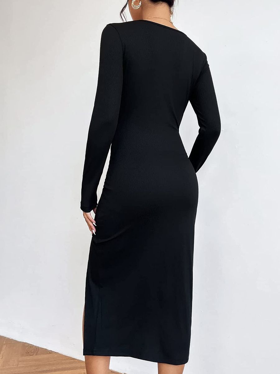 SOLY HUX Women's Long Sleeve Dress Square Neck High Split