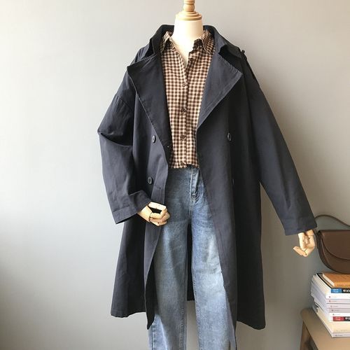 Ladies Loose Solid Color Lapel Long-sleeved Mid-length Windbreaker Jacket - Navy Blue