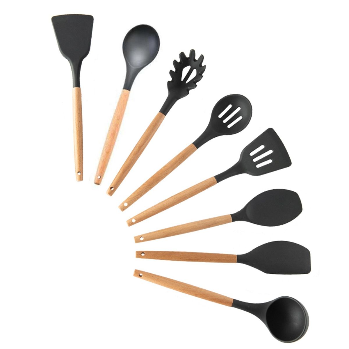 8 PCS Kitchen Utensils Set Wood Handle Silicone Cooking
